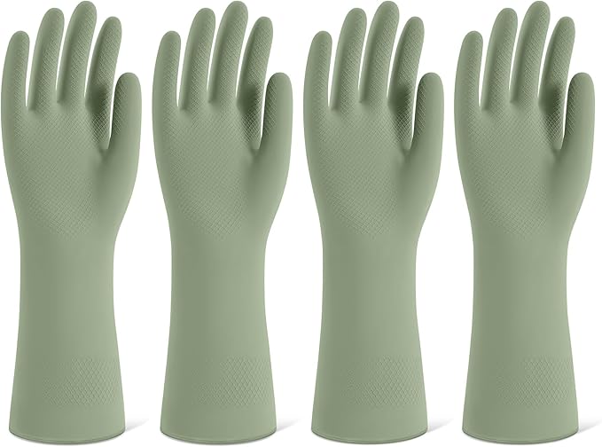 Rubber Cleaning Gloves for Dishwashing, 4 Pairs Reusable Kitchen Gloves for Washing Dishes and Household Cleaning, Green Dish Gloves with Flocked Lining and Non-Slip Grip, Pefect for Woman Men - M