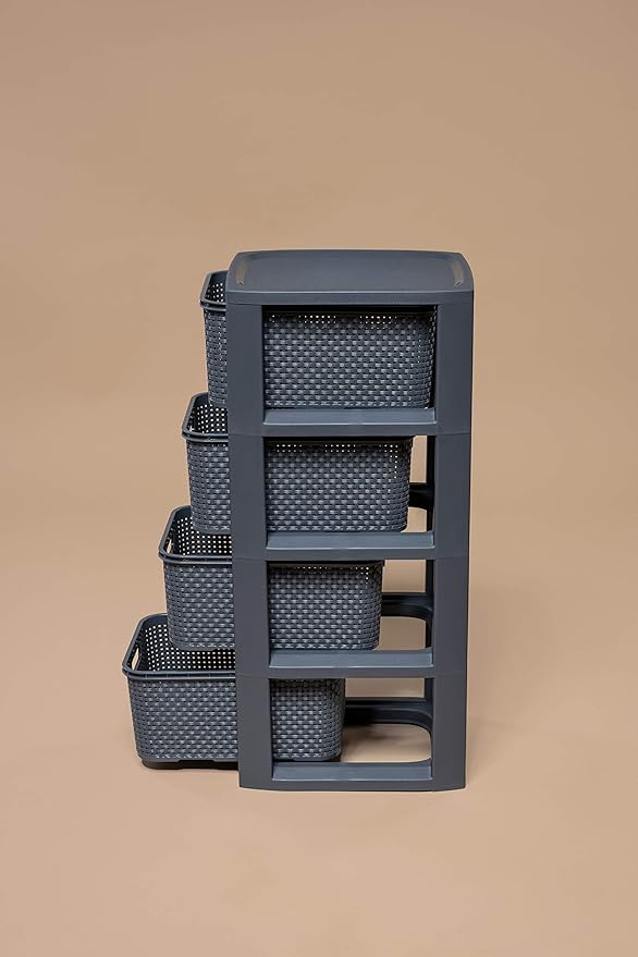 BranQ - Home Essential Rattan Design Shelving Unit Plastic, Anthracite, 29.5 x 24 x 64.2 cm