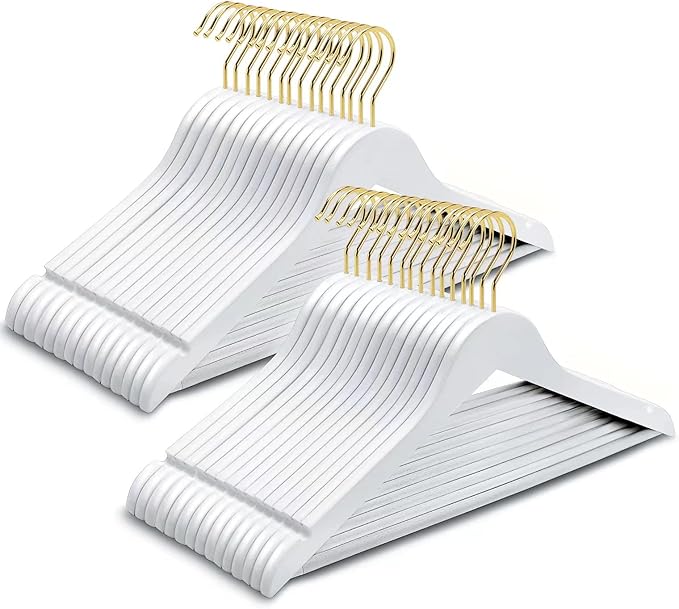 Amber Home 20 Pack White Wooden Coat Hangers with Gold Hook, White Wood Suit Hangers with Non-Slip Pant Bar, Clothes Hangers for Closet Organization, Shirts, Jackets, Dresses and Pants (White+Gold,20)