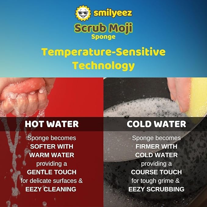 The Original Scrub Moji Scrubbing Sponge by Smilyeez (Set of 3) - Blue - Temperature-Responsive Polymer Foam, Stain and Odor Resistant, Ideal for Kitchen and Bathroom Cleaning