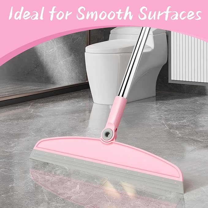 Multifunction Silicone Broom, 54 Inch Adjustable Long Handle Rubber Broom Sweeper for Floor Bathroom Kitchen Shower Pet Hair Glass(Gray Pink)