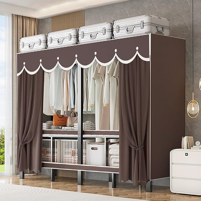 Heavy Duty Portable Closet with Cover Foldable Covered Clothes Rack for Hanging Clothes Armoire Wardrobe Closet System Freestanding Coat Storage Garment Racks (190cm/75in(Coffee))