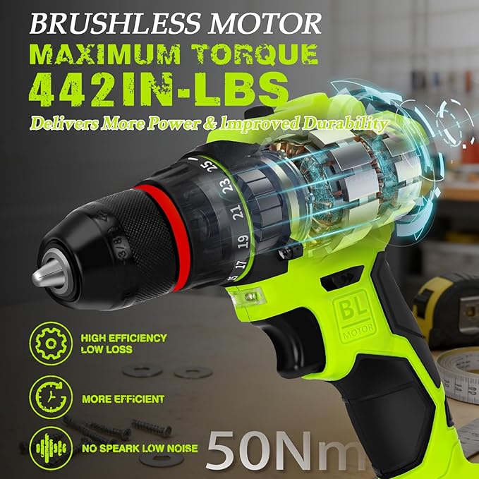 Brushless Drill Tool Set,20V Cordless Drill Tool Box with 2.0Ah Battery,50N.m & 24+1 Gear 3/8" Keyless Metal Self-locking Chuck Handheld Tool Drills Kit,Taladro Inalámbrico for Home Repair Set
