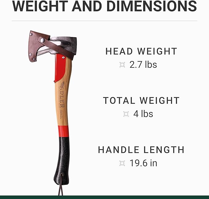 Adler - The Short Splitter, Hickory Wood, Leather Sheath, German Made, Anti-Slip Wood Splitting Axe, Head 2.7 pounds, Handle 19.6 inches