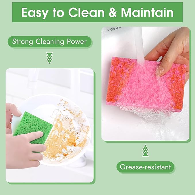 12 PCS Dish Sponges Kitchen, Non Scratch Cleaning Sponge for Non Stick Cookware, Natural Compressed Cellulose Wash Scrub for Household Bathroom, Soft Washing Scrubbers (Multicolor)