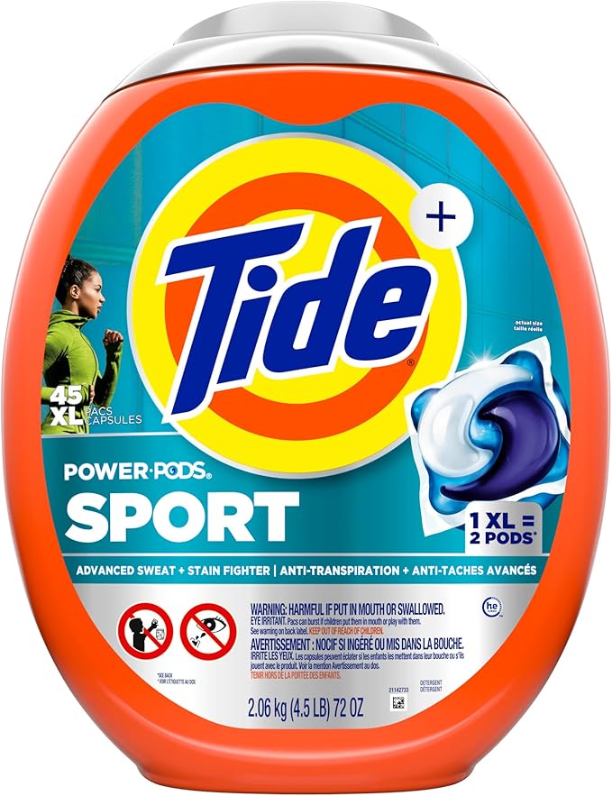 Tide Power Pods Sport Laundry Detergent Pacs, 45 Count, Advanced Sweat + Stain Fighter