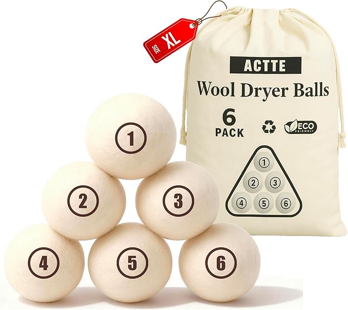 Wool Dryer Balls Laundry, XL(2.7") 6 Pack, Premium Fabric Softener Ball, Reusable, Anti Static, Chemical Free Natural Wool Balls for Dryer, Laundry Dryer Balls – 100% New Zealand Wool
