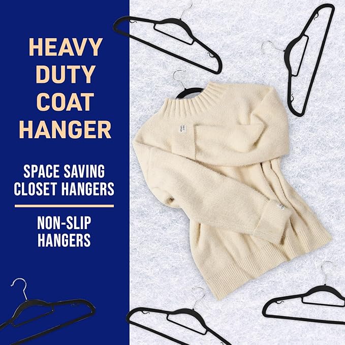 Lifemaster Versatile Clothes Hanger Set - 50 Pieces Space-Saving Dry and Wet Clothes Hanger Set with 360° Swivel Hook and Non-Slip Rubber Design - Black