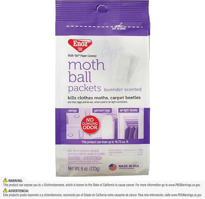 Enoz Lavender Scented Moth Ball Packets: Kills Clothes Moths, Carpet Beetles, Eggs and Larvae (6 oz Bag, 6 Pack)