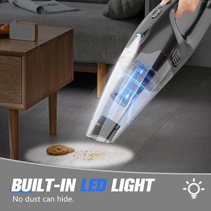 Handheld Vacuum Cordless Rechargeable with LED Light, Car Vacuum Portable Cordless, Hand Vacuum Cleaner Car Seats, Home, Quick Cleanup, Strong Suction, Lightweight, Includes Crevice Nozzle & Brush