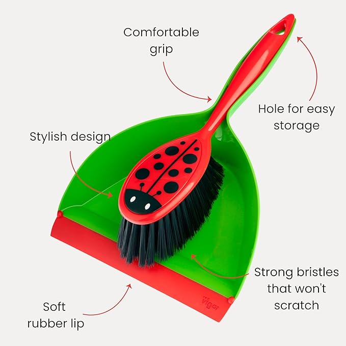 Vigar Ladybug Dust Pan and Brush Handy Set, 12-3/4-Inches, Green, Red, Black