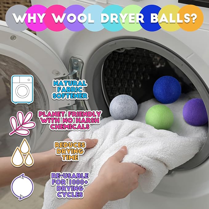 WILLBOND 10 Pack Wool Dryer Balls XL 3 Inch Reusable Laundry Natural No Lint Fabric Softener Replaces Dryer Sheets Wool Balls for Reduce Wrinkles Save Drying Time(Rainbow)