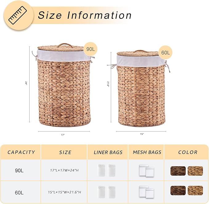 Round Water Hyacinth Laundry Hamper with Lid Handwoven Wicker Basket with Handles for Dirty Clothes, Storage, and Organization Ideal for Bedroom, Bathroom, and Laundry Room, No Assembly Required, 2Pcs
