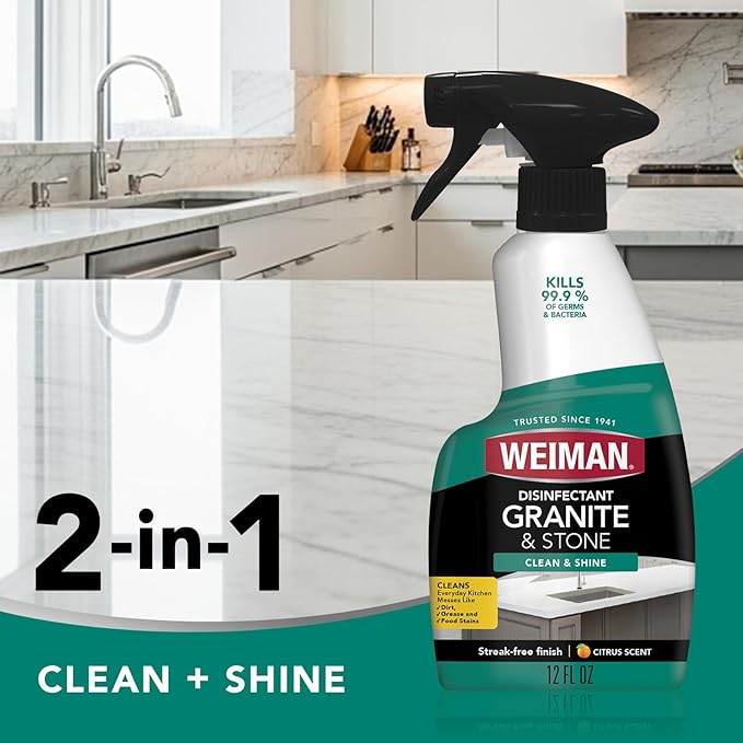Weiman Granite Cleaner and Polish - 12 Fluid Ounce - Enhances Natural Color in Granite Quartz Marble Soap Stone and More