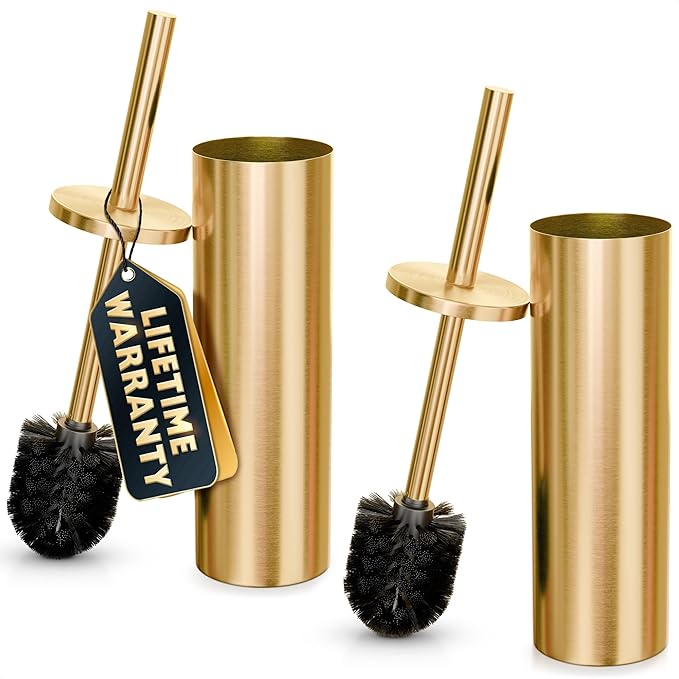 2 PCS Gold Toilet Brush and Holder Set - Brushed Stainless Steel Gold Toilet Bowl Brush and Holder with Replacable Head, Removable Inner Bowl, and Splash Protection - Dense Bristles for Cleaning