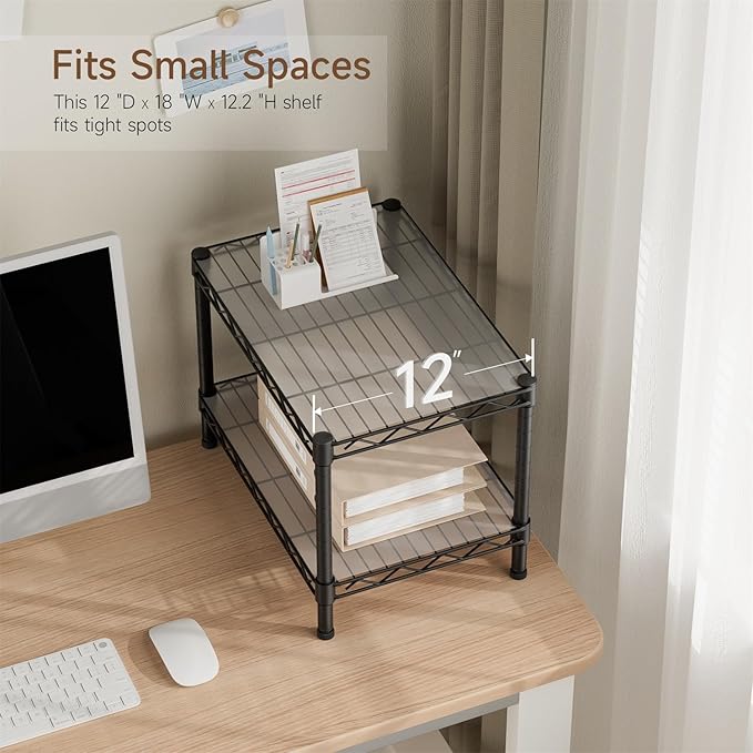 Golpart Small 2 Tier Shelves Storage Wire Shelving Unit Metal Shelf Adjustable Organizers Storage Shelving with Wheels for Bathroom Laundry Room Kitchen Pantry12”D x 18”W x 12.2”H Black