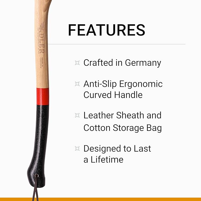Adler Rheinland Axe - Classic German Axe for Felling & Delimbing Small Trees, Leather Sheath, 2.75 lb Head, Anti-Slip 27.5" Hickory Handle, Red Stripe