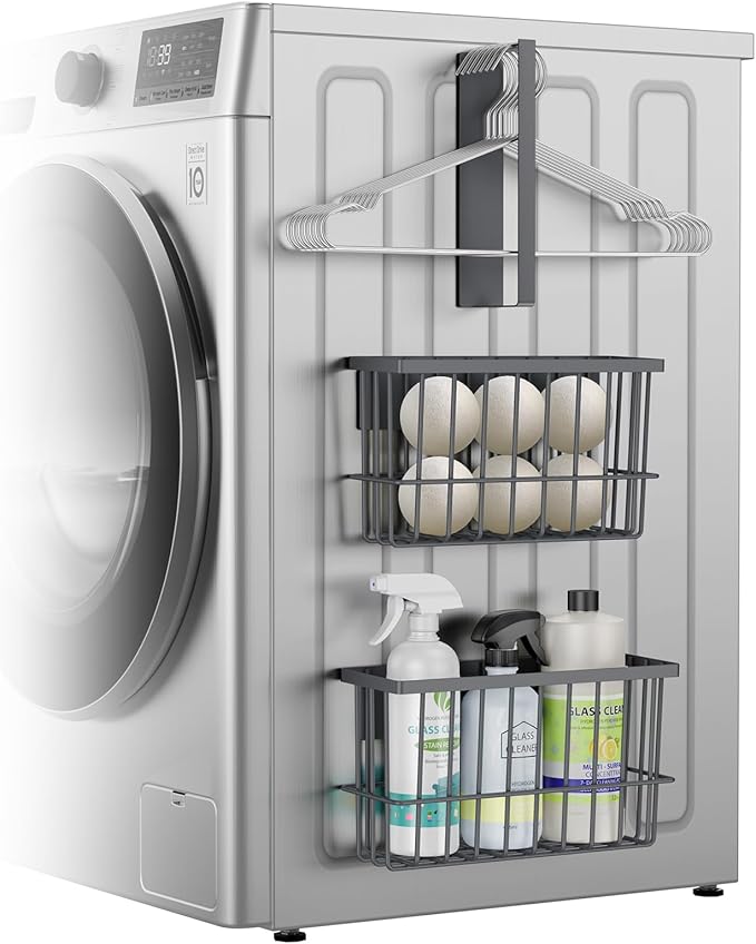 Laundry Room Organization and Storage Magnetic Dryer Ball Holder with Magnetic Hanger Holder, Magnetic Lint Bin for Washer Dryer, Iron Basket Dryer Ball Container, Magnetic Laundry Organizer (Gray)