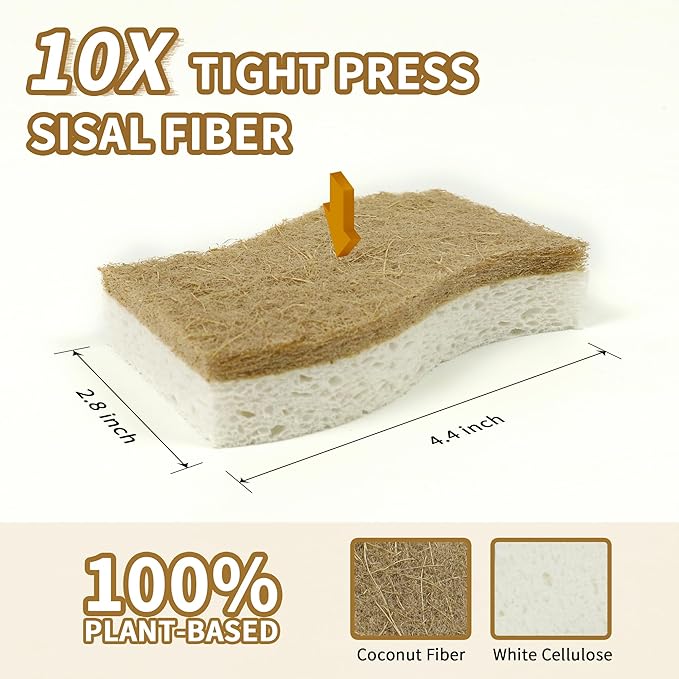 Natural Kitchen Sponges, Biodegradable & Compostable | Non-Scratch Cellulose Coconut Fiber Sponges for Dishes, Pots & Pans | Eco-Friendly Cleaning Sponge (12)