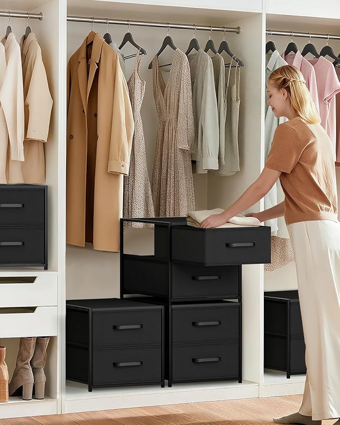 Homsorout Stackable Storage Drawers - 2 Tier Closet Drawers, Closet Organizer with Metal Handles, Night Stand with Collapsible Bins, Fabric Dresser for Bedroom, Dorm, Office, Black, 2 Pack