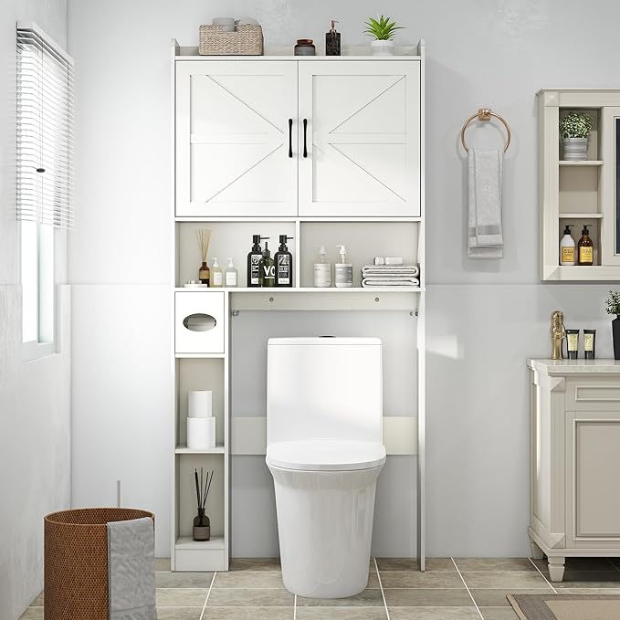Over The Toilet Storage Cabinet, 32" W Over Toilet Bathroom Organizer with Toilet Paper Holder Stand, Home Space-Saving Toilet Rack with Shelves for Bathroom, Restroom (2 Barn Doors, White)