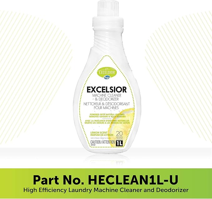 Excelsior HE Washing Machine Cleaner and Deodorizer, Removes Odors & Residues for 20 Cleanings of High Efficiency Washers, Lemon Scent, 1 Liter Bottle