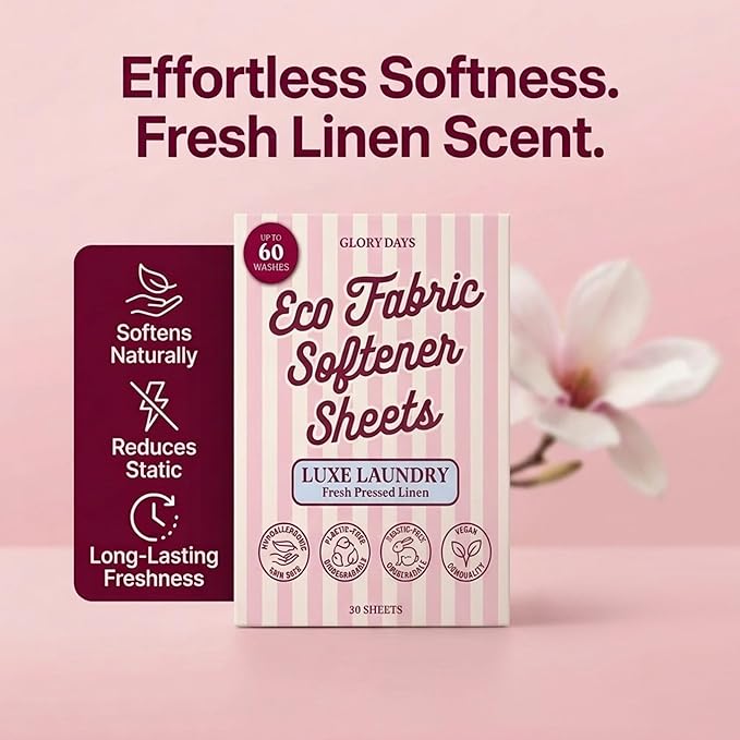Glory Days Fabric Softener Sheets for Washer - Fresh Linen Scent, Replaces Liquid Softener, Plant-Based, Plastic-Free, Eco Friendly, 60 Loads