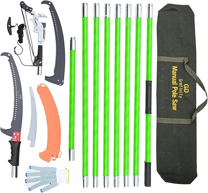Manual Pole Saw for Tree Trimming, 27 FT Manual tree purner with 8 Fiberglass Handles, Sharp steel Blade and Heavy-Duty Giant Scissors, Extendable Design for Tree Maintenance, Green