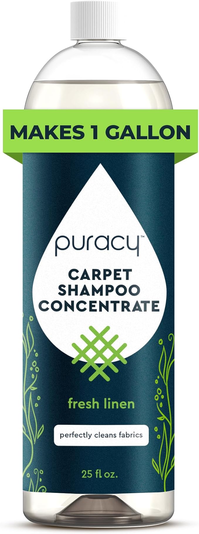 Puracy Carpet Shampoo – Plant Based Cleaner Solution for Shampooer, Pet Stain and Odor Remover, Low Foam Concentrate, Rug and Upholstery Care, Fresh Linen, 25oz