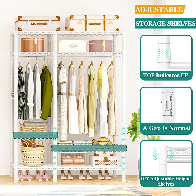 Heavy Duty Garment Rack, Metal Freestanding Closet Wardrobe Clothes Racks for Hanging Clothes, 4 Tiers Adjustable Wire Shelving, 44.9'' L x 16.5'' W x 76.8 '' H, Max Load 850LBS, White