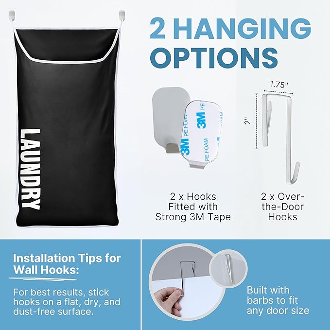 Hanging Laundry Hamper Bag XL 40x22", Space Saving over the Door Storage Bags, Behind the Door Hampers for Dirty Clothes & Wall Mounted Basket for Bathroom, Organizer for Small Room Spaces RV