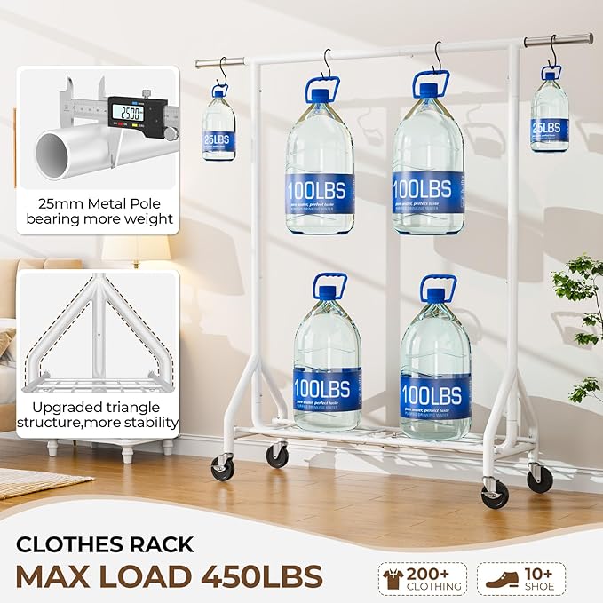 HYSEYY Heavy Duty Clothes Rack Load 450 LBS, Metal Garment Rack, Standing Rolling Clothing Rack for Hanging Clothes with Sturdy Wheels & Shelves, Portable Closet Wardrobe Rack,White