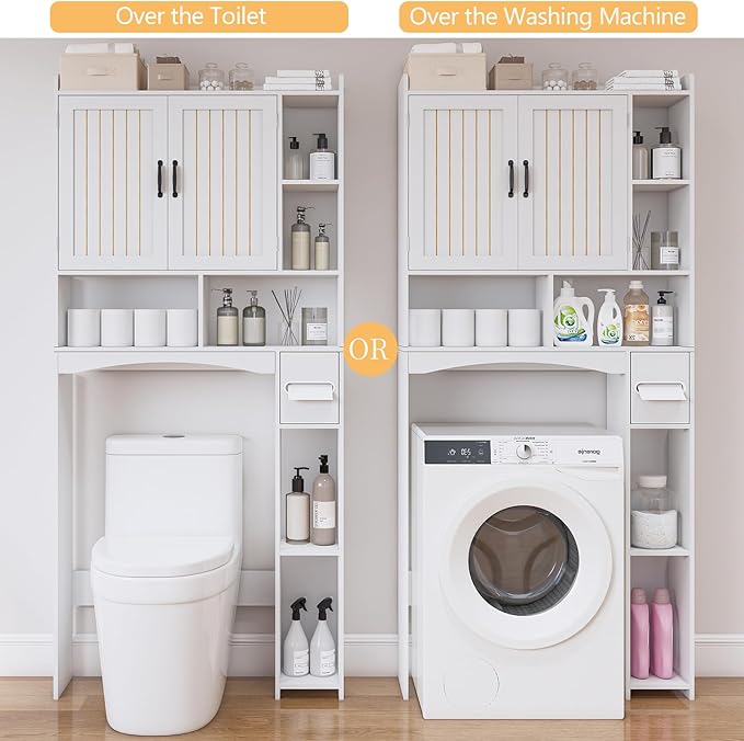 Viaozutis Over The Toilet Storage Cabinet, Over Toilet Bathroom Organizer, Bathroom Storage cabinets with Anti Tipping Devices, Storage cabinets with Toilet Paper Holders, for Bathroom, Laundr（White）