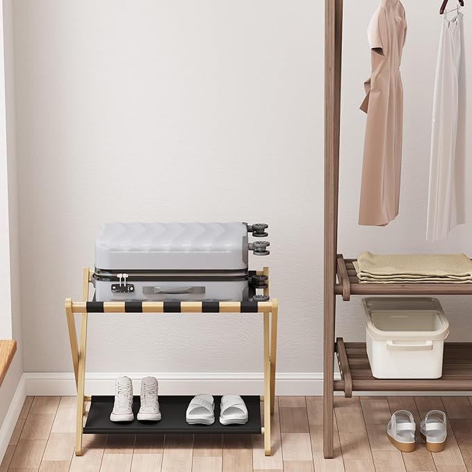 Smuxee Natural Bamboo Luggage Rack for Guest Room, Foldable Suitcase Stand with Storage Shelf, Easily Assembled Luggage Stand with 5 Nylon Straps for Guest Room Bedroom Hotel