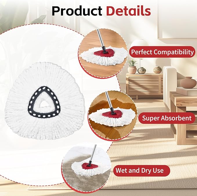 Spin Mop Head, Base, Handle Replacement for O-Ceda EasyWring Microfiber Spin Mops, 2 Microfiber Mop Refills, 1 Triangle Head Cover and 30-58in Handle Set Combo (White(1 Tank System))