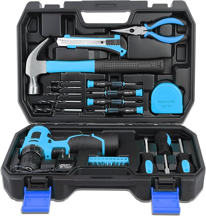 Auto Dynasty 27 Pieces Portable Cordless Drill and Home Hand Repair Kit 12V 1300mAh Lithium Power Tool Kit Set for DIY Household Office Warehouse with Charger, Blue