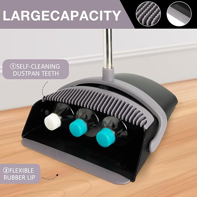 Broom and Dustpan Set, Long Handle Lightweight Dustpans with Broom Combo for Home, Indoor&Outdoor Sweeping for Home Room Kitchen Office Lobby (Charcoal)