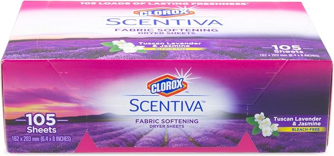 Clorox Scentiva Fabric Softening Dryer Sheets Fabric Sheets in Tuscan Lavender & Jasmine Scent Laundry Dryer Sheets for Fresh & Clean Clothes (Pack of 6, 630 Count Total)