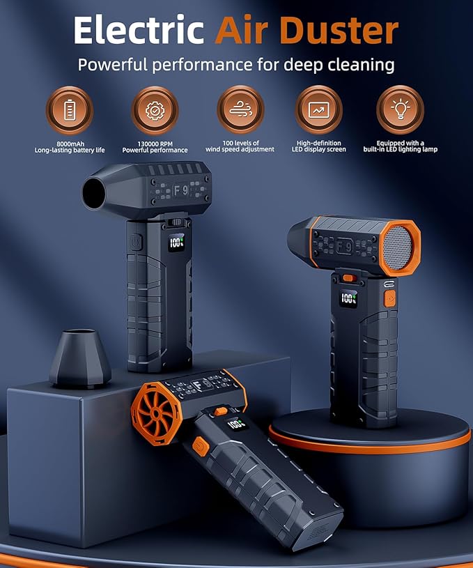 Compressed Air Duster - 100 - Gear Adjustable 130,000 RPM Rechargeable Cordless Electric Air Duster with Display Screen, Mini Dust Blower for Computer, Keyboard, Home, Car Cleaning (Black + Orange)