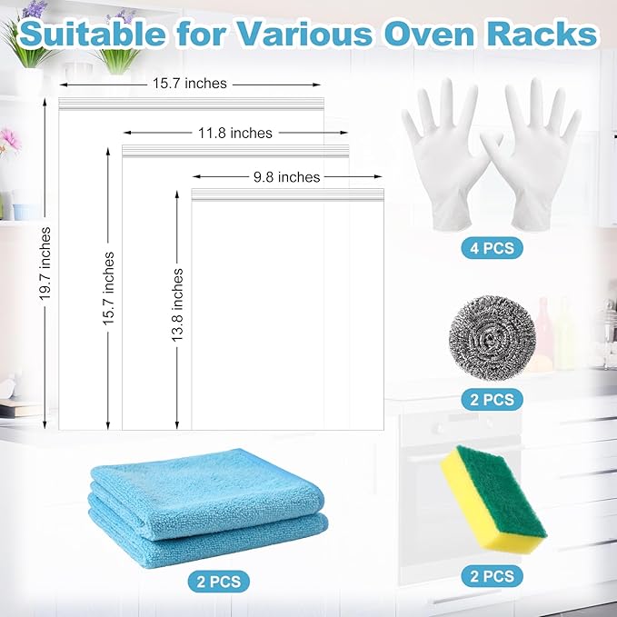 Oven Rack Cleaner Bags Kit Heavy Duty Reusable Oven Rack Soaking Cleaner Bags in 3 Sizes with Gloves Steel Wool Sponges Cleaning Cloths for Deep Degreasing Household Maintenance