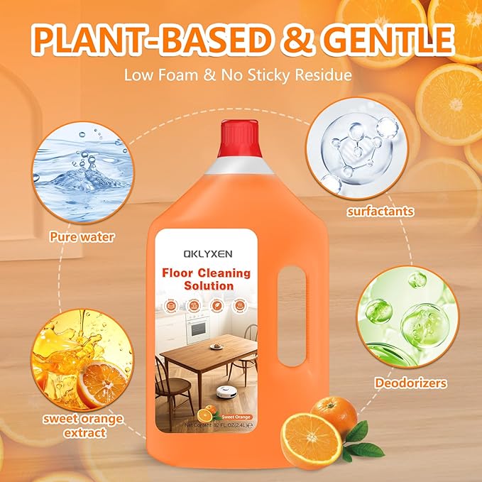 Floor Cleaning Solution Compatible with Roborock – 82 FL OZ Orange Floor Cleaner – Long-Lasting, Subtle Fruit Scent– For All Robot Vacuums with Mopping & Cordless Wet/Dry Vacuum Mop Cleaner