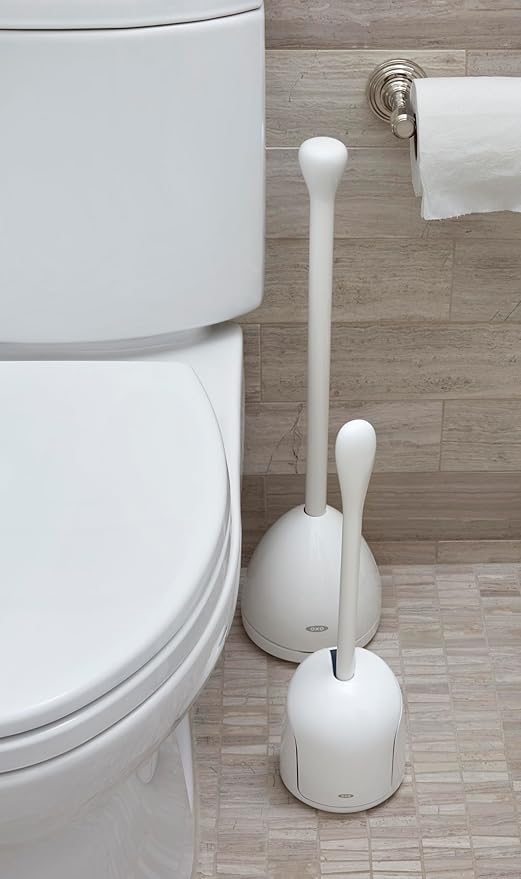 OXO Good Grips Compact Toilet Brush & Canister, Toilet Bowl Brush and Holder with Automatic Canister Door, Bathroom and Small Spaces Cleaning Supplies Essential