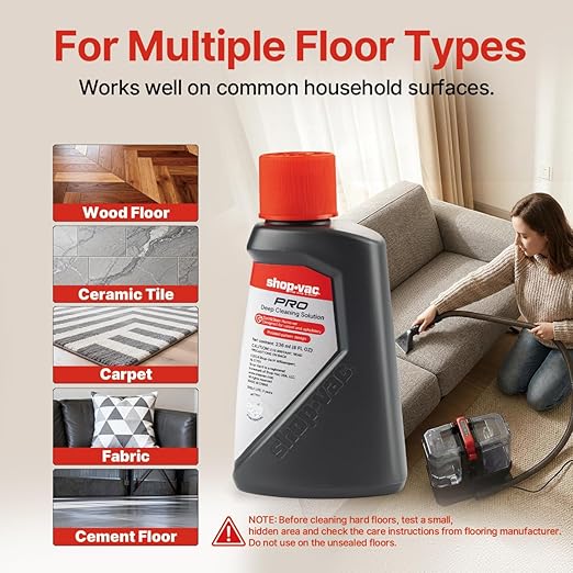 Shop-Vac Carpet Cleaner Solution, 8Fl Oz, Low Foam Upholstery Cleaner Solution For All Carpets, Upholstery & Area Rugs, Dissolves Dirt, Grime, Pet Stain & Tough Sticky Messes