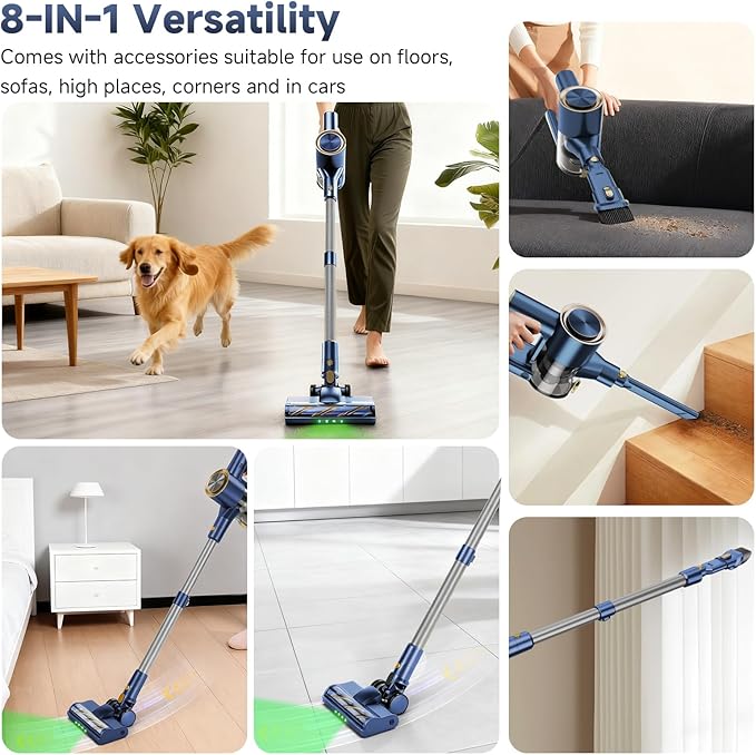 Shieal Cordless Stick Vacuum Cleaner - 45KPA Powerful Suction Vacuum with 45 Min Runtime, Detachable Battery, Anti-Tangle & 1.5L Dust Cup, 8 in 1 Vacuum Cleaner for Pet Hair, Carpet, HardFloor, Blue