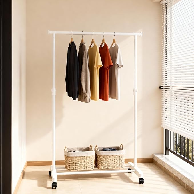 Clothing Drying Rack with Wheels, Standard Rod Simple Rolling Metal Laundry Rack Organizer, 34 Inch Wide with Bottom Shelf for Hanging Clothes Coats Skirts,White
