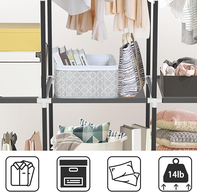 LOKEME Portable Closet, Portable Closets for Hanging Clothes with 3 Hanging Rods and 6 Storage Shelves and 4 Side Pockets, Black Wardrobe Closet Easy to Assemble and Strong and Stable