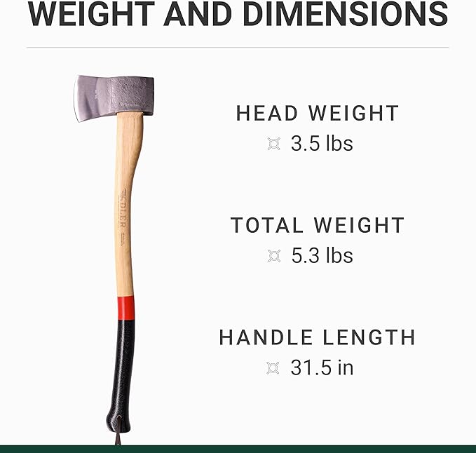 Adler Yankee Axe - German Forester's Axe with Leather Sheath, 3.5 lb Head, Anti-Slip 31.5" Hickory Handle with Red Stripe