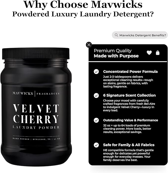 Luxury Laundry Detergent Powder (Velvet Cherry) 32 Oz – Concentrated for Tough Stains and Odors, For All Washing machine types – Gentle on Fabrics