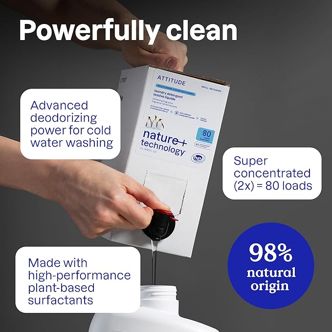 ATTITUDE Liquid Laundry Detergent Refill, EWG Verified, HE Compatible, Plant-Based & Vegan, Natural Laundry Soap, Wildflowers Scent, 80 Loads, 67.6 Fl Oz