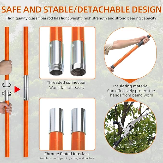 Manual Pole Saw for Tree Trimming, 27 FT Manual tree purner with 8 Fiberglass Handles, Sharp steel Blade and Heavy-Duty Giant Scissors, Extendable Design for Tree Maintenance, Orange
